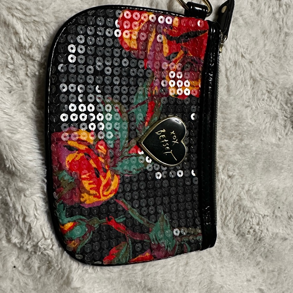 Betsey Johnson Black Floral Sequin Wristlet